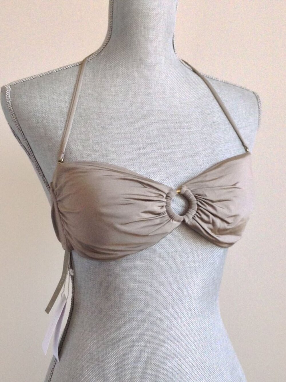 J.Crew Taupe Tan Halter Bikini Top Center O-Ring Medium M NWT Quiet Luxury Italy